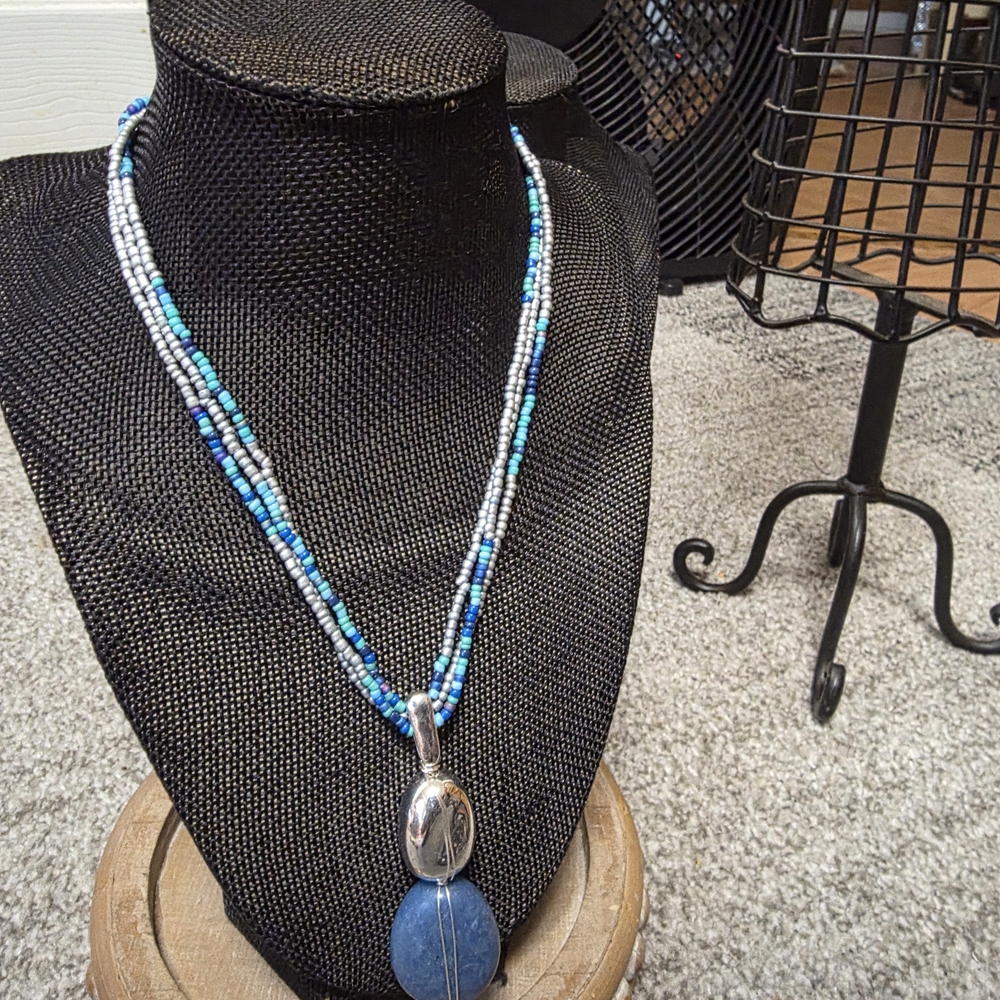 Style & Co. Blue & Silver Multi-Strand Beaded Necklace with Stone Pendant